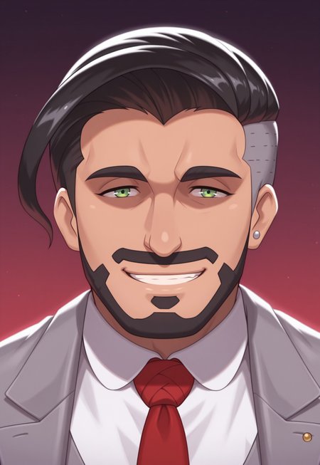 solo, masterpiece, modern, new, 1boy, male, masculine face, daddy looking face,

PokemonRose, black hair, facial hair, green eyes, grey jacket, shirt, necktie, portrait, headshot, looking at viewer, smiling