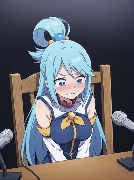 Smooth Quality - Illustrious,
anime, illustration,
<lora:pressconference_Illust_v1:0.9> press conference,  multiple microphones, surrounded,
<lora:meme_aquacrying_illustriousXL:0.9> aquacrying, wavy mouth, closed mouth, tearing up,
<lora:Aqua_Illustrious by Cyql:0.6> AquaCYQL, long hair, blue hair, very long hair, hair rings, hair ornament, blue eyes, shirt, blue shirt, detached sleeves, bare shoulders, (mature female:0.8), medium breasts,
1girl, solo, skinny,
<lora:Fixhands_anime_bdsqlsz_V1:1> sitting, hands between legs,
portrait, close-up, front view,
white background, simple background, simple chair, simple table, wooden chair,
<lora:NSFWFilter_illusXL_Incrs_v1:-0.7>