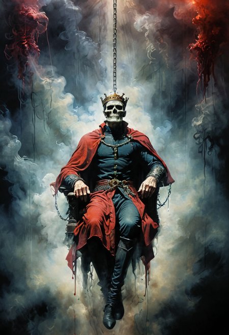 king chained to medium-sized throne sitting in a great hall BREAK Sword of Damocles hanging over the king's head BREAK death hanging by a thread, danger, brilliant colors, unfocused dark smoky background, sheen, chiaroscuro, smoke, blood, <lora:Philippe Druillet Style:1> Philippe Druillet Style, <lora:add-detail-xl:1>,  <lora:xl_more_art-full_v1:1>,