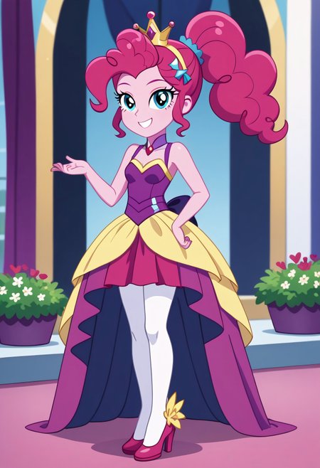 score_9, score_8_up, score_7_up, score_6_up, from My Little Pony Equestria Girls, a very young little human girl Pinkie_Pie wearing a fit blue|sky|green|brown|darkpurple|red|yellow gradients colors short princess dress, elegant detailed princess shoes, solo, 1girl, little princess girl, gradient dark pink hair with crown hairband, smile, childhood, looking at viewer, glow detailed eyes, garden of canterlot, tul, chiffon, laces, semi realistic cartoon, unreal engine 5,  full body close-up, absurdres, digital art, soft light, perfect hands, perfect, hands, perfection, soft pink skin, skyblue eyes, party accesories and shoes, jewelry, tres chic,<lora:age_slider_v4:-4>,