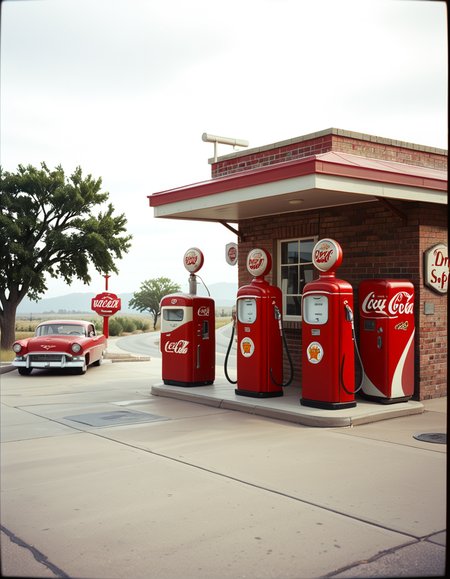 A realistic vintage photograph of a 1950s American gas station with no people present. The small brick building has a flat roof with a wide canopy extending over two classic red gas pumps from the 1950s, featuring chrome details, round meters, spiral hoses, and retro branding like "Texaco" or "Shell".The ground is old concrete with cracks and oil stains. Beside the station, there's a vintage Coca-Cola vending machine and a hand-painted wall sign that reads âDrive Safely!â. The sky is lightly overcast, casting soft shadows and a nostalgic mood. In the background, leafy trees, distant low hills, and an empty country road stretch into the distance. The photo has a slightly faded, desaturated color palette with warm vintage tones and a subtle grain, mimicking the look of 1950s Kodak film photography. The overall atmosphere is calm, quiet, and deeply nostalgic.
<lora:SDXLFaeTastic2400:0.4> <lora:extremely_detailed:0.4> extremely detailed, <lora:1950s_American_gas_st4t10n:1>,1950s American gas st4t10n, Masterpiece,best quality,hi res,8k,hi res,8k,award winning,(sharp focus, intricate, highly detailed),