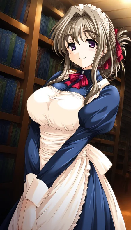 score_9, score_8_up, score_7_up, source_anime, rating_explicit, BREAK  <lora:Tomosato_Shiori_Ver2.0_XL:1> TomosatoShiori, brown hair, large breasts, purple eyes, hair intakes, hair ribbon, red ribbon, folded ponytail,
 maid,   maid headdress, apron,  long sleeves, v arms, bookshelf, library, 
smile,
looking at viewer, 
cowboy_Shot,