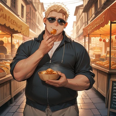 masterpiece, best quality, amazing quality, absurdres, newest, detailed background, definition so sharp, Ultra-HD, 8K cinematic, very awa, impressionate, amazing quality, highres, 
solo, male focus, manly, 
1boy, short hair, goatee, chubby, rikio_blonde, rikio_brown eyes, rikiokamamoto, sunglasses \(pushed up\), earrings, sideburns, casual outfit, food stall, street market, daytime, warm lighting, delicious, contented, cheerful, foodie, holding food, happy expression, eating,