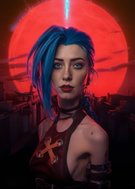 cinematic photo a woman with blue hair  standing in front of a red sun , cyberpunk art <lora:Jinx1024-000260:0.8> . 35mm photograph, film, bokeh, professional, 4k, highly detailed