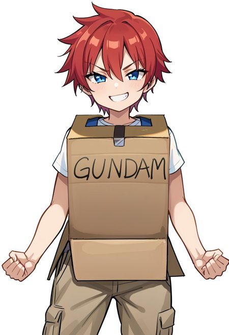 score_8, score_8_up, score_7_up, source_anime, 1girl, female focus, solo, red hair, short hair, tomboy, blue eyes, smug, t-shirt, white shirt, cargo pants, khaki pants, ha_ko_ga, cardboard box, English text, smug, looking at viewer, arms at sides, standing, wall, floor
