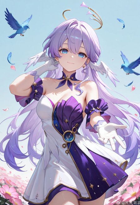 masterpiece,best quality,amazing quality, absurdres, <lora:robin_honkai_star_rail_ilxl_goofy:1>  robinHSR, 1girl, adjusting hair, bird, blue background, blue bird, blue eyes, cowboy shot, detached sleeves, dress, falling feathers, falling petals, feathers, flower, gloves, gradient hair, halo, hand up, head wings, leaning to the side, looking at viewer, multicolored hair, ning mengmeng, outstretched arm, outstretched hand, petals, pink flower, purple dress, purple hair, purple sleeves, short dress, sleeveless, sleeveless dress, smile, solo, strapless, strapless dress, two-tone dress, watermark, white dress, white gloves, white wings, wings