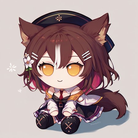 score_9, score_8_up, score_7_up, fumo \(doll\), chibi, sitting, solo, 1girl, chisaka1st, smile, brown hair, hairclip, hair flower, wolf tail, hat, red necktie, necktie between breasts, detached collar, cleavage, black dress, boots, white jacket <lora:spchisakaAiriXLPony:0.9> <lora:style_toyfumo_ponyXL:1.1>