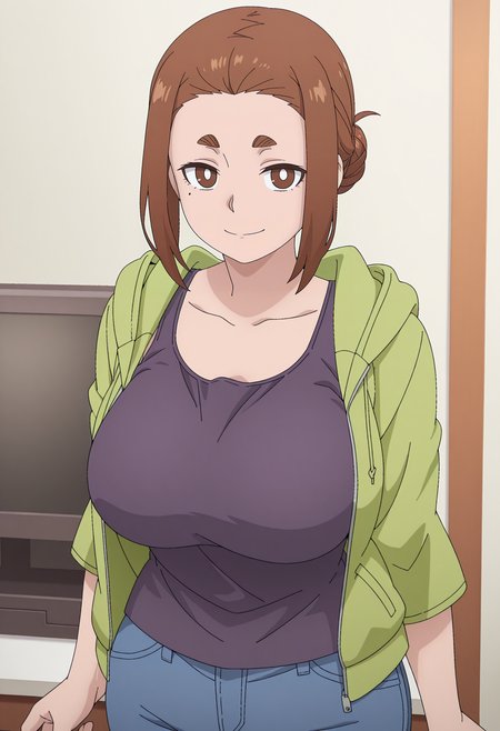 1girl,solo,mm,mature female,brown hair,brown eyes,thick eyebrows,mole under eye,single hair bun,large breasts,anime coloring,
hood,jacket,tank top,pants,denim,looking at viewer, smile,indoors
,masterpiece,best quality,amazing quality,<lora:Sumireko_Ogawa-Kaii_to_Otome_to_Kamikakushi:0.8>
