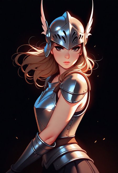 Tsuaii, flat colors,high detailed, high quality, masterpiece, 
 1girl, upper body, (black background), dynamic lighting, standing, battle stance,
steel breastplate, greek helmet,