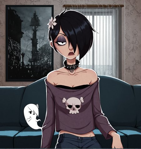 <lora:Pony_DetailV2.0:2>, score_9, score_8_up, score_7_up, score_6_up, Detailed Background, BREAK
 <lora:Carrie_Rosenburg:0.8>, carrie, black hair, 1girl, hair over one eye, short hair, off shoulder, collar, makeup, BREAK
 <lora:Carrie_Krueger_Gumball_for_PonyXL:0.8>, carrie_krueger, hair over one eye, 1girl, ghost tail, hair flower, BREAK
2girls, sitting on couch, living room, detailed background,