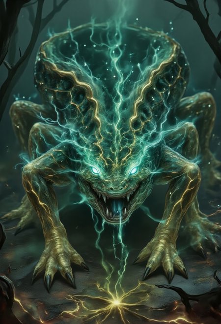 An awe-inspiring depiction of a colossal basilisk, its emerald-green scales shimmering with an intense, otherworldly magical glow, each scale pulsating with radiant green and gold light as if alive with arcane energy. The creature’s serpentine body coils with immense power, refracting dazzling beams of light that dance across the misty air. Its glowing, hypnotic eyes blaze like twin suns, radiating an overwhelming aura of menace and ancient, mystical wisdom. Bioluminescent mist swirls and flows from its wide, fanged jaws, sparkling with countless pinpoints of light, as if its very breath carries the essence of magic. The surrounding atmosphere is bathed in a vivid, luminous green hue, with rippling waves of energy cascading outward. Magical runes etched into the ground beneath its massive body glow brightly, crackling with arcane power and sending tendrils of light spiraling upward, completing the breathtaking scene of an ancient, mystical predator emanating raw, supernatural majesty