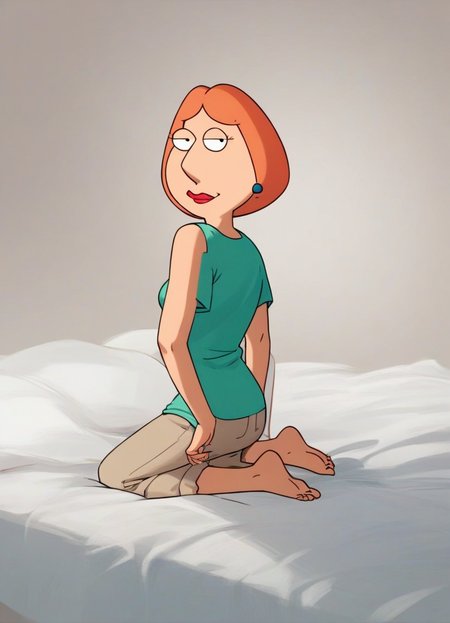 score_9, score_8_up, score_7_up, loisgriffin, 1girl, source_cartoon, orange-hair, pyjamas, kneeling on the bed, looking over shoulder, rating_safe
 <lora:LoisGriffin-PonyXL:1>
