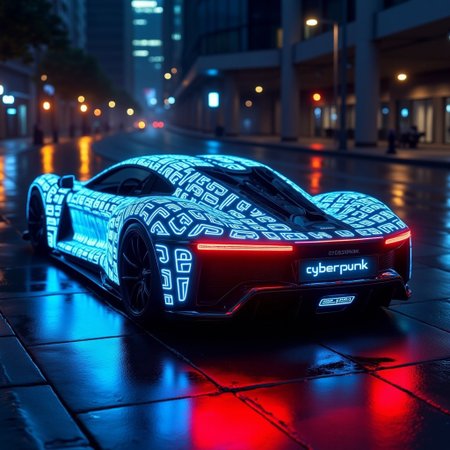 This photograph captures a futuristic, high-tech sports car,there is glowing text texture all over on the car with letters "cyberpunk" with a futuristic letter style,the car is  likely a concept vehicle, parked on a wet, glistening street at night. The car's sleek, aerodynamic design is accentuated by intricate neon blue and red wireframe lines that outline its body, suggesting a cyberpunk aesthetic. The vehicle's headlights and taillights are glowing with a bright, pulsating blue light, while the rear lights are red, creating a striking contrast.
 <lora:glowing_text_flux:0.8>