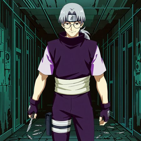 safe_pos, masterpiece, best quality, newest, absurdres, highres, anime, anime style, 1boy, solo, looking at viewer, KabutoYakushi,1boy, solo, glasses, grey hair, black eyes, curtained hair, low ponytail, long hair,  round eyewear,forehead protector, headband, purple shirt with white sleeves, purple pants, blue shoes, sandals, gloves, fingerless gloves, butt pack, leg pouch, waist sash, evil smiling, holding a scalpel in right hand, cowboy shot, Abandoned Hospital setting, dark, darkness,