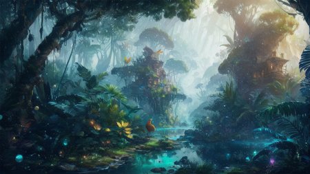 extreme long shot, rainforest, massive ferns, monkeys, colorful birds, humid air, water droplets, small rocks, <lora:FantasyLandscape:.6>,  <lora:epi_noiseoffset2:.4>, art by evan cagle and greg rutkowski,