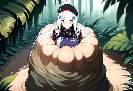 NSFW, looking down, masterpiece, best quality, amazing quality, very aesthetic, score_9,score_8_up, score_7_up, score_6_up, BREAK, official art, solo, outdoors, upper body, (portrait:1.5), looking at viewer, facing viewer, blush, hk416 (girls' frontline), hat,beret, black headwear, very long hair, white hair, x hair ornament, sidelocks, blunt bangs, green eyes, facial mark, teardrop, military jacket, purple jacket, clothes writing, uniform, white gloves, long sleeves, black sleeve, german flag, large breasts, skindentation, <lora:HK416(gf)-Pony:1.3>, (score_9, score_8_up, score_7_up, score_6_up, score_5_up, score_4_up), source_anime,<lora:vore_lower_body-2:1>, slime creature, restrained, vore, Like like, monster, <lora:Like like illus:1>, arms out, arms down, Creature massaging her, (jungle:1.2), (blushing), looking down, palmtree blurry background depth of field, (from above:1.3),
