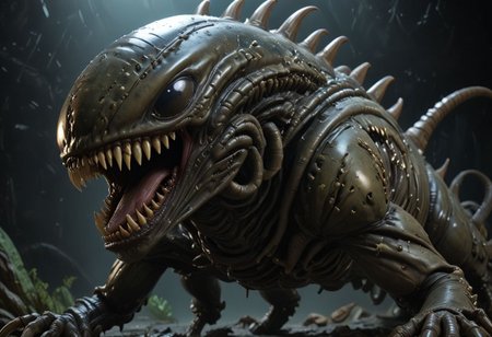 cinematic, xenomorph chonkasaurus, scifi, slimey, raytracing, HD, 4k, floating energy, night, dark, (energy effects:1.3), <lora:chonkasaurus-000003:1>, <lora:add-detail-xl:2>