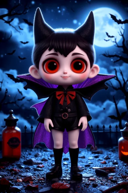 cute, halloween night, horror, (bats), moon in the sky, portrait, (standing:1.2),  happy smiling, red eyes,(very detailed), best quality,  sharp focus, Neon Purple flowing vampire cape, scattered potion bottles, horror noir, haunted rainstorm, soft fog-filtered light, ethereal lights, backlight, shadows, high contrast, hdr, <lora:Anti-Blur:0.8> <lora:Hand v2:0.8> Detailed hand, Hand, Perfect hand <lora:aidmaImageUpgrader:0.8> aidmaimageupgrader  <lora:PinkieChibiHalloweenFLUX:0.8> pinkchibihalloween