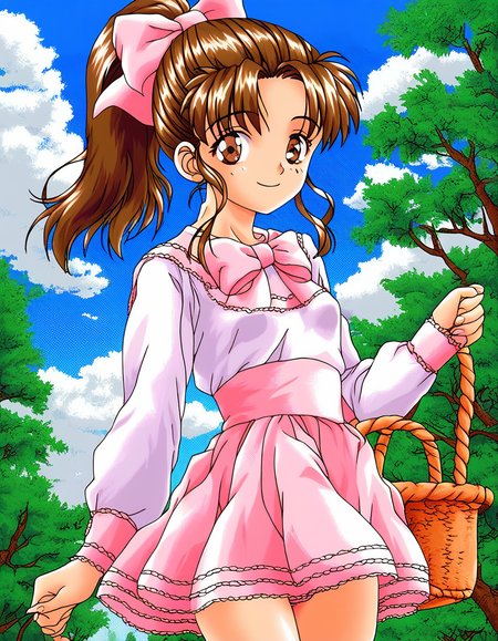 score_9, score_8_up, score_7_up, source_anime, rating_explicit, BREAK   <lora:Nut_Berry_girl_XL:0.9> Nut_Berry_girl, brown hair, brown eyes, ponytail, small breasts, long hair, pink bow, smile,
1girl, purple long sleeve, solo,   pink skirt, day,  sky, cloud, basket, ribbon, outdoors, upskirt, bow, tree,
smile,
looking at viewer, 
cowboy_Shot,