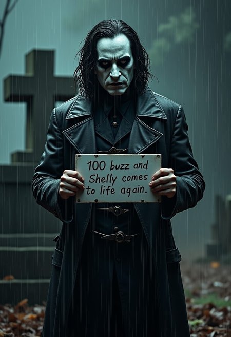 ThThe Crow (Brandon Lee) in a sorrowful pose, standing in front of a tombstone in a dark, rainy graveyard," "wearing a black leather trench coat, white face paint with black gothic makeup," "his expression is sad and contemplative, raindrops glistening on his face and coat," "holding a clear sign with bold, sharp text that reads: '100 buzz and Shelly comes to life again,'" "the graveyard is dimly lit, with shadows and a moody atmosphere," "ensure all details are crisp and clear.