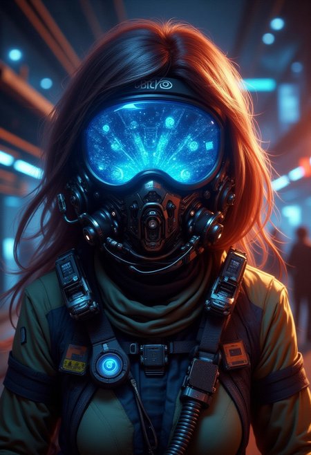 FFAOR, 1woman, sci fi pilot, sci fi equipment, glowing blue visor over eyes