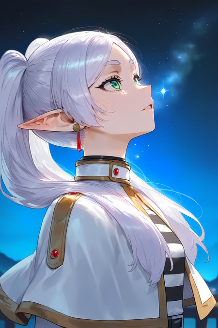 1girl, frieren, sousou no frieren, pointy ears, twintails, elf, long hair, green eyes, parted bangs, white hair, white capelet, white dress, side view, looking up, night, stars, floox, masterpiece, best quality, good quality, absurdres, newest