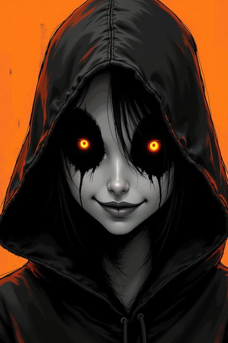 aidmafluxpro1.1
nistyle, monochrome Manga Sketch, extreme pointed hood Closeup, a dark ethereal ghosts black hood, Killing Gaze smile, eerie, eyes Shrouded in darkness, hyperdetailed manga sketch style, with bleached vibrant colorful neon color Highlights, grey, and white color grading. Translucent orange Backdrop with Glitch effects in another contrast application