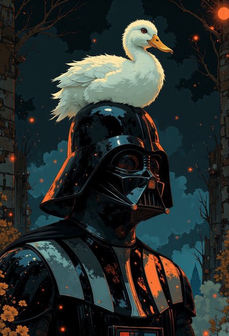 A striking and gritty portrait of Darth Vader's iconic helmet, its surface scarred and weathered, revealing intricate details of scratches, dents, and faint reflections that add a hyper-realistic depth to the composition. The ominous gleam of the dark armor contrasts with faint highlights of ambient light, giving the figure a brooding, powerful presence. A pristine white duck sits comfortably on his head, its curious gaze and comically misplaced presence adding a whimsical and absurd twist to the otherwise menacing scene. The duck's smooth feathers and bright yellow beak provide a sharp, playful contrast to the cold, mechanical textures of Vader’s helmet.
The background is shrouded in a shadowy, almost oppressive darkness, punctuated by faint, fragmented elements of contrasting color—a soft red glow reminiscent of lightsaber energy and subtle blue highlights hinting at distant, otherworldly light sources. These elements bring life and dimension to the dark backdrop without detracting from the central focus. The painterly touch of the image is evident in the soft blending of the background tones, while the hyper-realistic textures of both Vader’s helmet and the duck’s features create a stunning interplay between humor and intensity. The surreal combination invites intrigue and amusement, merging the gravitas of a legendary character with the whimsical charm of an unexpected visitor.
