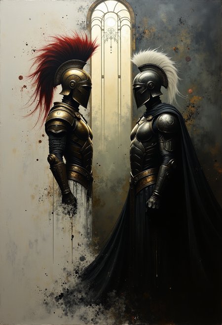 0n1r1c, Create a dramatic impasto painting with drips and painterly smudges of two majestic warriors, inspired by Achilles, the central character in Homer's Iliad, wearing futuristic, metallic full-body armor with a complex, segmented design. 

The painting is divided vertically into three sections.
The left section, only white, is dominate from Hector, his
warrior's helmet should have a striking red horsehair crest.
The background of this left section is a light white.
The middle section, only light gray, showcases a high, arched window below the upper edge of the painting, through which the moon shines.
The background of this middle section is a light gray.
The right section, only dark gray, is dominate from Achilles, his warrior's helmet should have a striking white horsehair crest.
The background of this right section is a dark gray.

Both helmets reminiscent of ancient Greek soldiers.
Both armors should have multiple plates and reinforcements, covering the entire body and combining both ancient and modern aesthetics. 

The shoulder plates and bracers of both armors should feature additional plating with gold accents. Both warriors should wear long, flowing black capes, adding a touch of royalty. Their overall appearance should exude strength, nobility, and a harmonious blend of the antique and the modern. Set the scene in a dark, grand hall with high, arched windows in the background. The painting should emphasize a combination of ancient grandeur and a futuristic, modern, and abstract style, with dramatic lighting features in a monochromatic scheme, primarily in shades of black, white, and gray.
