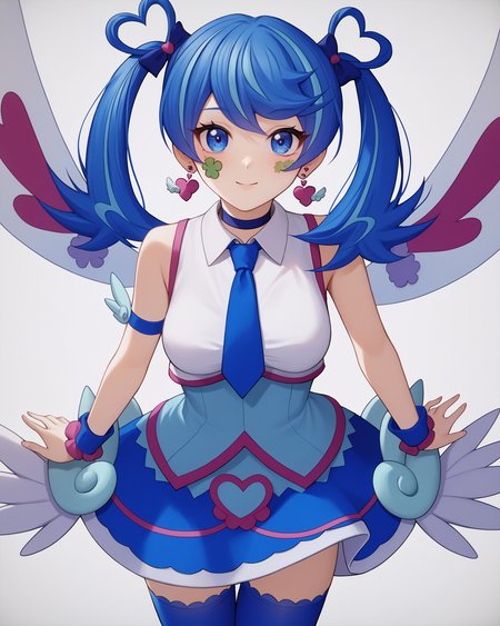 score_9, score_8_up, score_7_up, source_anime, best quality, masterpiece, 2d, intricate details, official style, anime, 4k, anime style,
1girl, solo, female, long hair, blue eyes, blue hair, bow, twintails, heart, earrings, heart earrings, heart hairhair bow, blue bow, tattoo, facial tattoo, clover, four-leaf clover,
breasts, medium breasts,
shirt, skirt, thighhighs, jewelry, wings, necktie, sleeveless, choker, bracelet, blue skirt, zettai ryouiki, sleeveless shirt, blue necktie, blue thighhighs, cuffs, wrist cuffs,
front view, facing viewer, cowboy shot, looking at viewer, white background, simple background, <lora:BlueAngel1024_Pony:1>, blue angel, yu-gi-oh!,