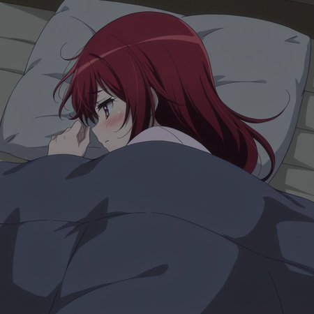nsfw, masterpiece, best quality,1girl, solo, jokamachi_no_danderaion_akane_sakurada, blush, pillow, on side, red hair, lying, under covers, hair down, dark, <lora:Akane_Sakurada_-_Jokamachi_no_Danderaion_2:0.7>