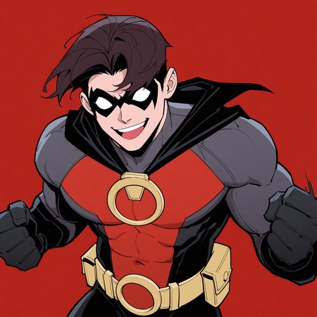 <lora:TIM_DRAKE:1.5>tim_drake, solo, looking at viewer, smile, open mouth, short hair, simple background, twenty-something, brown hair, black hair, 1boy, gloves, upper body, male focus, :d, teeth, black gloves, belt, cape, muscular, covered navel, upper teeth only, mask, bodysuit, red background, clenched hands, black bodysuit, black cape, white eyes, superhero, red bodysuit, domino mask, two-tone bodysuit, grey bodysuit, western comics (style), muscular male, motion blur, film grain, abstract, natural lighting, fantasy, cinematic, dynamic, very awa, masterpiece, best quality, absurdres, newest, perfect quality, detailed background, intricate details, (artist:fl \(l-fl\):0.7), (artist:tooboshoo:0.7), (artist:dizdoodz:0.8)