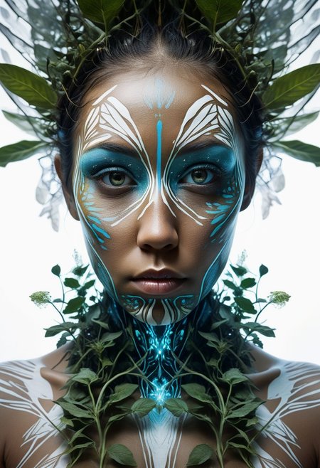 bioluminescent, mysterious face of a native woman in plant clothing, fading white background, alluring goddess, by Minjae Lee, Carne Griffiths, Emily Kell, Steve McCurry, Geoffroy Thoorens, Aaron Horkey, Jordan Grimmer, Greg Rutkowski, amazing depth, double exposure, surreal, geometric patterns, intricately detailed, bokeh,  perfect balanced, deep fine borders, artistic photorealism , smooth,  great masterwork by Suiras  <lora:add-detail-xl:2>  <lora:Double_Exposure:0.5>