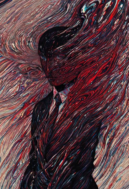 Colorful dark glitched Sketch By herg, Parasyte - The Maxim, glitched head depressed Business Woman Walking Home from work, water, violence, drowning, deep Blacks, high contrast, monochrome with Red Highlights,