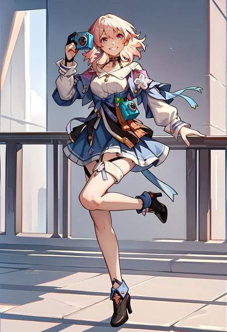 (score_9, score_8_up, score_7_up), 1girl, march7th, choker, single glove, thigh strap, black heels, holding camera, smile, standing on one leg, <lora:march7th-strPO-v1AR:0.9>