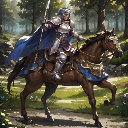 score_9,score_8_up,score_7_up,best quality,masterpiece,super detailed,extreme detailed,full_body,zPDXL BREAK 1girl,knight,
<lora:Pony_DetailV2.0:1> BREAK Cavalier,armor,cape,gloves,helmet,horse,horseback riding,forest,<lora:Cavalier:0.8>,holding spear,charging forward,fighting stance,