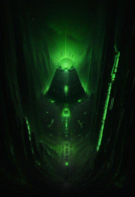 green sun, electricity, green glow, green theme, Necron, pits of acid, skeletons, chaos,