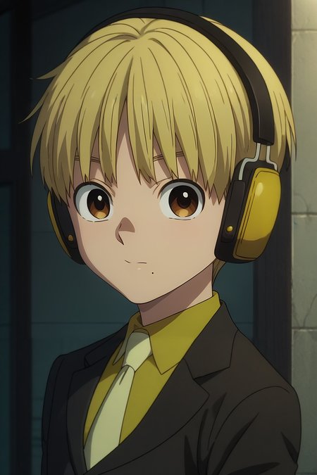 score_9, score_8_up, score_7_up, , rating_safe, , anime screencap, anime coloring, , looking at viewer, depth of field, 1boy, solo, male focus, <lora:nobimaru_kemono_jihen_pony:0.92>, nobimaru_kemono_jihen, blonde hair, brown eyes, short hair, mole under mouth, headphones, formal, suit, yellow necktie, , ,, <lora:sdxl_lightning_8step_lora:1>