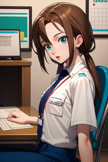 score_9, score_8_up, score_7_up, score_6_up, source_anime, 1girl, solo,  <lora:rnnae-pdxl-nvwls-v1-000005:1> tennoujinae, brown hair, low twintails, turquoise eyes, white shirt, collared shirt, short sleeves, dark blue necktie, lanyard, blue pants, sitting, desk, chair, office, from side, looking at you, chestnut mouth