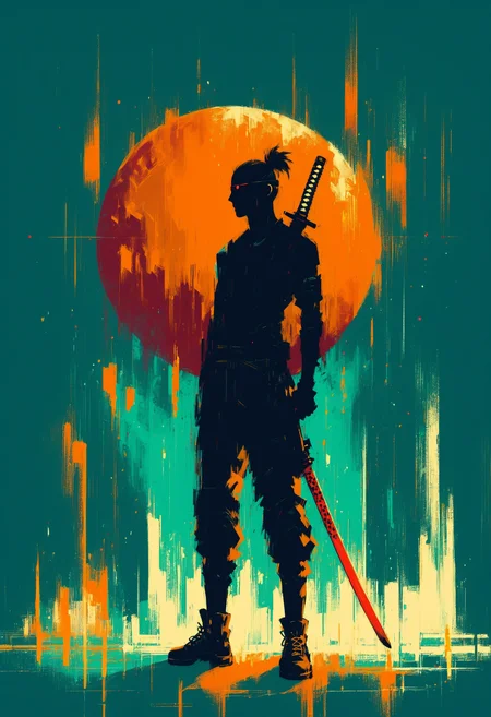 (score_9, score_8_up, score_7_up, score_6_up, score_5_up, score_4_up), 1man, Ninja, katana, silhouette, side profile, red moon, black/red ink, glow, sketch  <lora:Neon_Cyberpunk_Impressionism_Pony:1> mad-cybrpnkimprss