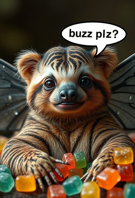 photorealism, photography, photo of a sloth with the striped fur of a tiger and insect wings, teary eyes, sad face, sugar gummies all around, speech bubble with text: "buzz plz?"