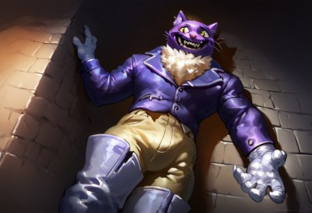 score_9,score_8_up,score_7_up, best quality, 1boy, solo, PocketCat, smile, sharph teeth, purple blazer, trousers, white boots, white gloves, thick things, male focus, in dungeon, leaning against the wall, low angle, open pants, unzipped pants,