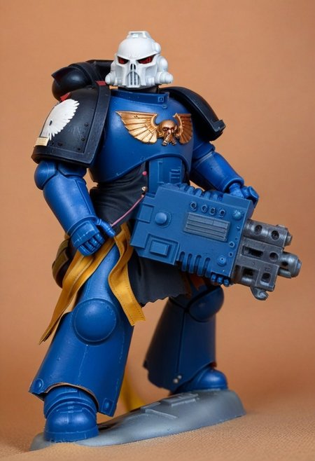 Score_9_up, absurdres, source: GamesWorkshop, grimdark, gothic horror, an adeptus astartes Ultramarines space marine in armor and helmet wielding a melta