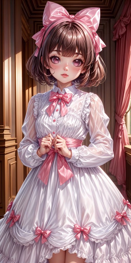 White and Pink Ribboned Satin Maid Gown