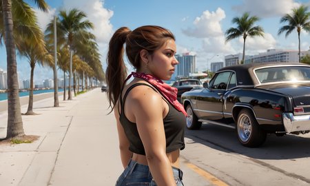 luciagta62024,1 angry woman walking away on busy Miami street, looking back, black tank top, jean shorts,  brown hair, ponytail, bandana around neck,  8k, uhd, best quality, trending on arstation, photorealistic, masterpiece, raw image, skin pores, detailed skin, 5 fingers, mole, Latina, Miami boardwalk, dramatic lighting, sneakers, cars, lowriders, palm trees, side view,looking at viewer, vibrant color, traffic, long ponytail,  <lora:luciagta6sdxl:1>, luciagta6sdxl