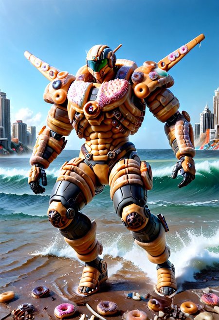 d0nu71f13d, made of doughnuts, Heavy Mech,  Cyborg, Robot, Power Armor, Tactical, Advanced Gear, Power Suit, Exoskeleton, Advanced Gear, Futuristic, action shot, easynegative, ninja mech running away from a massive tsunami wave of coffee, mech running through a city, surrounded my donut building, a tsunami wave towering in background, tsunami wave of coffee, wave towering over buildings