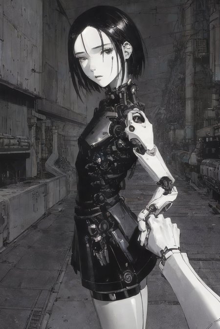 1girl, sanakan (safeguard), safeguard, silicon life, (highly detailed face:1.3), small breasts, short dark hair, thin lips, emotionless, (mechanical parts, cables:1.2), short dark skirt, dark vest, white legs, white hands, white skin, highly detailed, best quality, cinematic lighting, sharp focus, POV, body bend, head tilt, vast scenery, city ruins,  IncrsHoldingHandsPov, holding hands, pov hands, from side, from behind, (highly detailed hands:1.3)