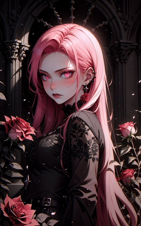 mysterious woman with pink hair, holding a sword, surrounded by red roses, gothic attire, dark romantic atmosphere, intricate details, high contrast, hyper-realistic, somber expression, dramatic lighting, deep shadows, high-definition, elegant, melancholic mood, cinematic, ornate design
 <lora:G_G2.0:1> Goth girl, Goth girl 1girl