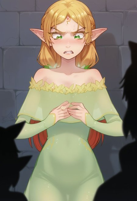 score_9, score_8_up, score_7_up, score_6_up, score_5_up, score_4_up, best quality, masterpiece, uncensored,BREAK ,   tsundere elf, long hair, blonde hair, green eyes, pointy ears, elf, multicolored hair, forehead jewel,elf, dress,1girl,solo ,light from behind,silhouette through clothing