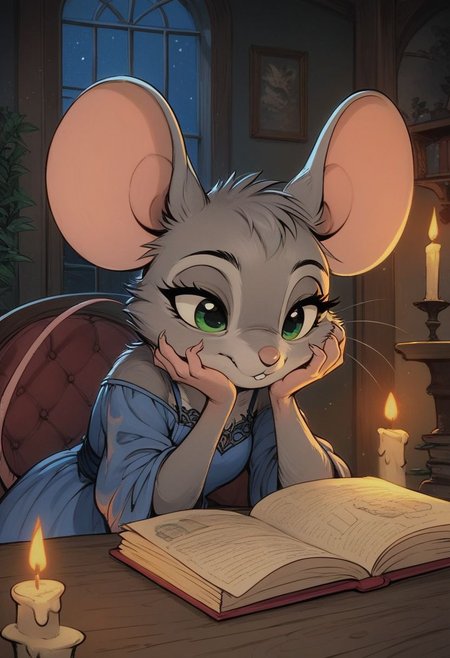 score_9, score_8_up, score_8, (solo), (solo:2), (fluffy:0.8), (feral), indoors, furry, (((mouse))), female, green eyes, grey fur, grey ears, claws, (fluffy cheeks:0.4), (blue dress), cute, in the style of beatrix potter, cel-shading, fca style, sitting, night, candlelight, reading, (bored expression, tired expression), sleepy, head in hand, (upper body shot), (look down:1.3)